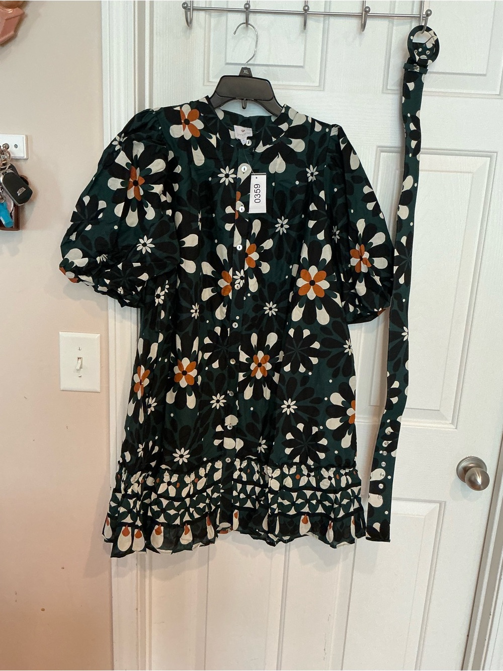 Puff-Sleeve Mini Dress in Dark Green Floral